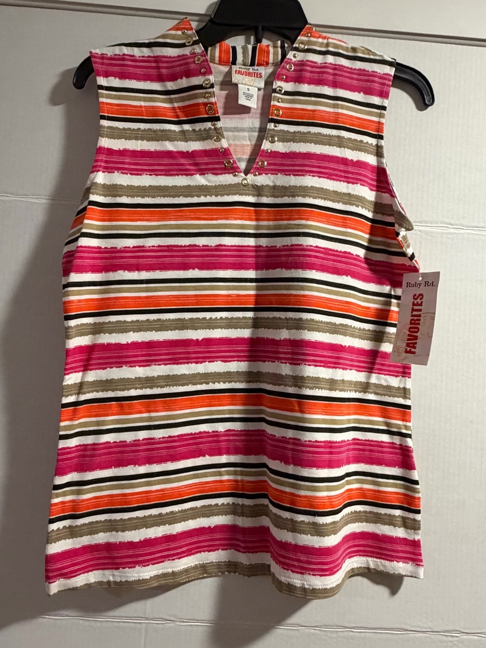 Ruby Rd. Striped Eyelet-Trim Sleeveless V-Neck Top in Pink, Orange & Tan